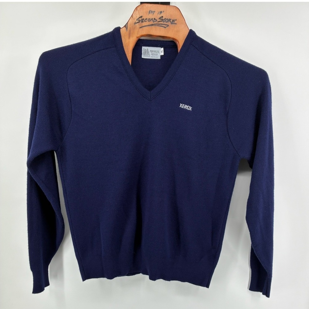 VNTG 80s Franklin Mills Xerox Navy Blue V-Neck Sweater Mens XL Made‎ in USA - Picture 2 of 8